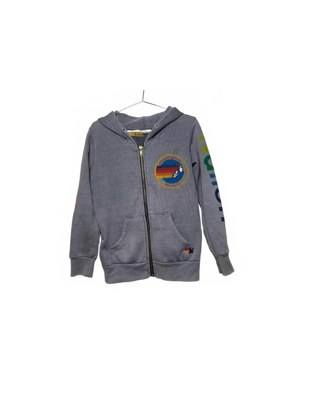 KidsAviator Grey Zip-Up Hoodie with Colorful Sleeve Lettering and Malibu Patch